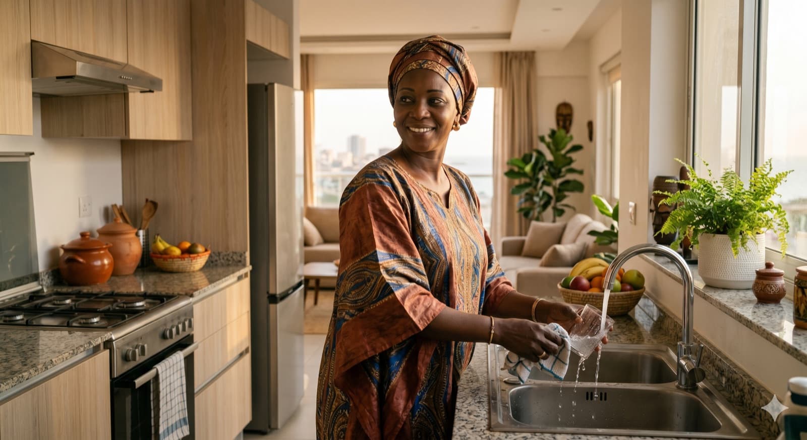 Une femme prend soin d'une cuisine lumineuse à Dakar, avec dignité et sérénité.